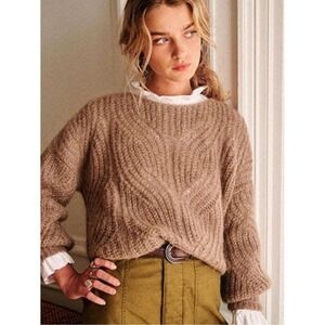 SEZANE Amiel Sweater M Camel Brown Alpaca Wool Cable Pointelle Knit Pullover